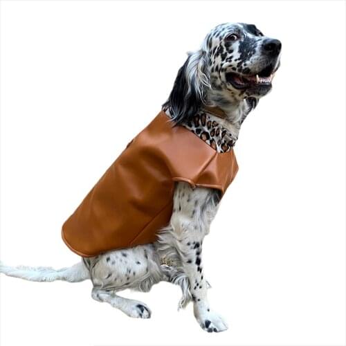 Brown Faux Leather Leopard Neck Jacket for Dogs, For medium to big size dogs, Dog Clothes, pet Clothes