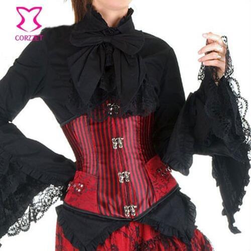 CORZZET Red Stripe Buckle Underbust Steampunk Retro Corsets & Bustiers Espartilho Corselet For Womens Gothic Clothing Sexy