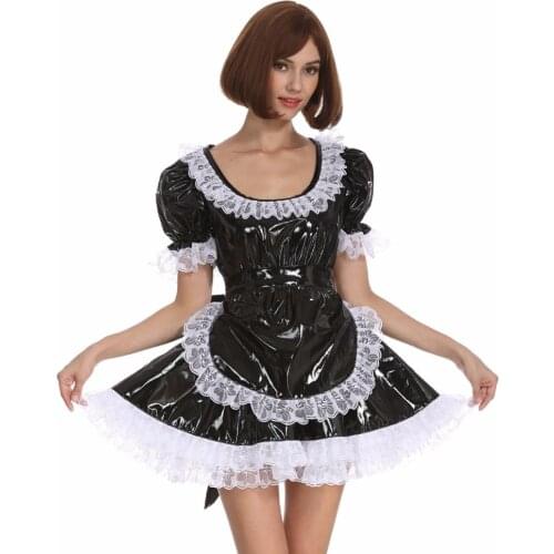 Sissy Girl Round Neck Lace Black PVC Dress Crossdress Puff Ball Sleeves Cosplay Costume