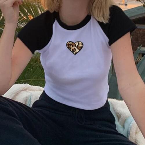 Summer Casual Slim Fit Crop Top tylish Leopard Heart Color Patchwork T-shirt Short Sleeve O-Neck Wild Base Shirt for Women