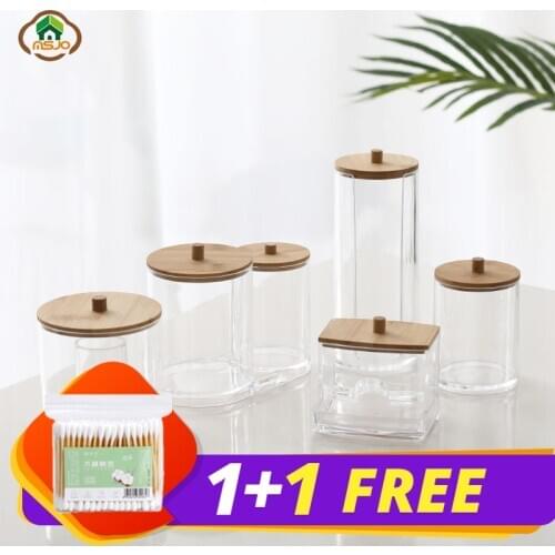 MSJO Makeup Organizer Box Storage Cosmetices Cotton Pads Swab Bamboo Cover for Women Home Bathroom Organizador Makeup Boxes Bin