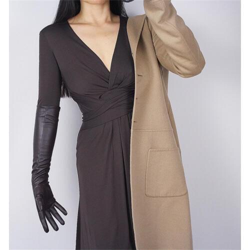 2020 Latest Touchscreen Long Gloves Ms. Simulation Leather PU Coffee Dark Brown Keep Warm Lined 50cm Womans Gloves PU84