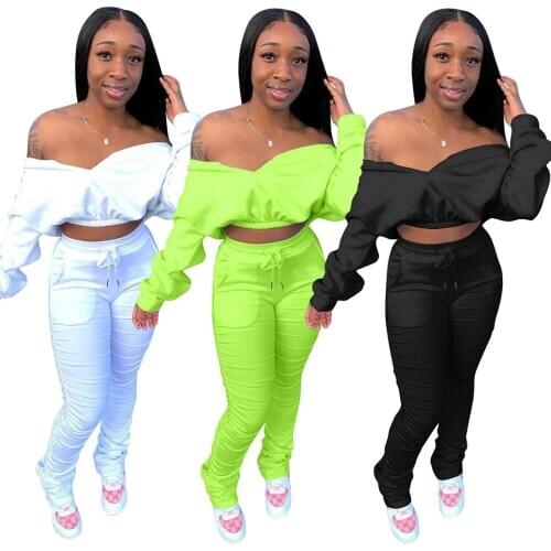 Echoine Autumn Winter Sexy Off Shoulder Crop Top and Ruched Pleated stacked pants Two Piece set Party Club Outfits tracksuit