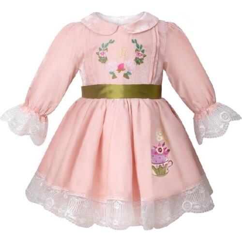 Baby Girl Spring Autumn Long Sleeve Pink Embroidery Turkey Spanish Vintage Lolita Ball Princess Dress Birthday Party Eid