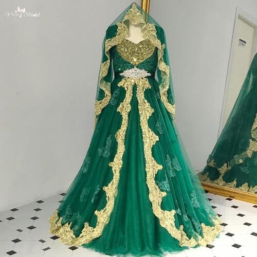 RSE890 Green And Gold Colored Long Sleeves Ball Gown Indian Wedding Dress With Veil