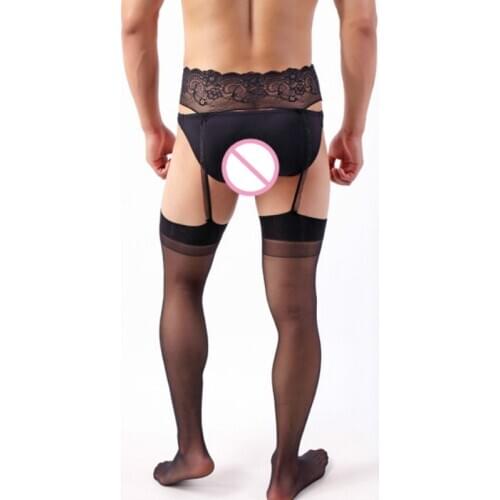 Sexy Man Stocking Lace Soft Top Thigh High Stockings + Suspender Garter Belt Lingerie Mens Tights Floral See Through Pantyhose