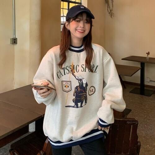 New Womens Japanese Kawaii Sweatshirt Loose Vintage Jacket Cartoon Letter Print Top Coat Crew Neck Gray Pullover Bluzy Damskie
