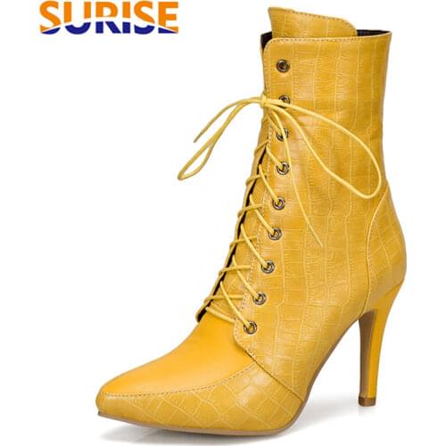 Big Size Winter British Women Ankle Boots Red Black High Thin Heels Party Office Lady Pointed Toe Lace Zipper Short Martin Boots