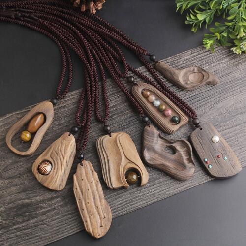WEIYU Irregular Geometric Sandal Wood Pendant Necklace Long Chain Handmade Jewelry Vintage Stone Beads Necklace For Women Gift