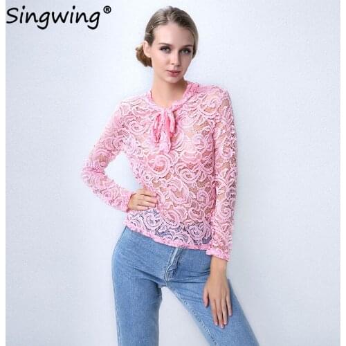 Singwing Lace Bow hollow Out Long Sleeve Women Blouse Autumn Lady Fashion Lace Floral Patchwork Female Blouse Tops
