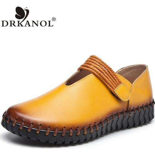 DRKANOL Vintage style Women Flat Shoes Handmade Women Loafers Comfortable Genuine Leather Flats Round Toe Women Casual Shoes