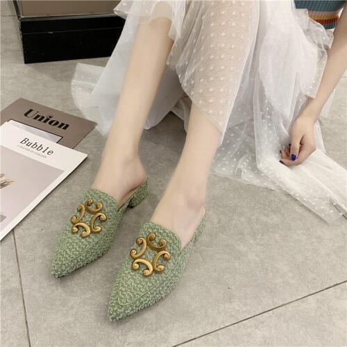 Women slippers outside spring Half drag one pedal Comfortable low heel stylish pointed suede Fresh elegant dating shoes U24-99