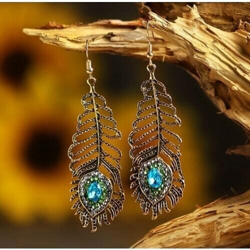 Vintage Rhinestone Peacock Eye Feather Earrings For Women Jewelry Statement Earrings Party Jewelry Brincos Wholesale