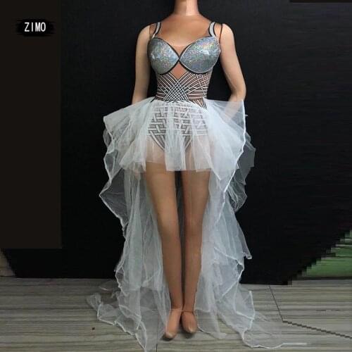 Bodysuit Sexy Puff Mesh Spandex Jumpsuit Women Nightclub Performance Festival Outfit Dance Costume Singer Print Stage Drag Queen