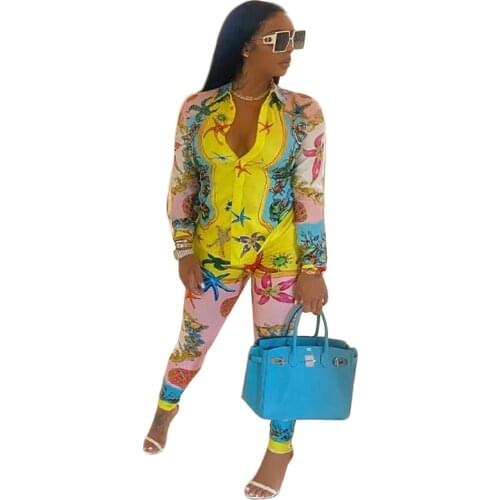 RStylish 2021 Autumn Women Clothes Starfish Shell Submarine Print Long Sleeve Shirt Bodycon Pants 2 Piece Set