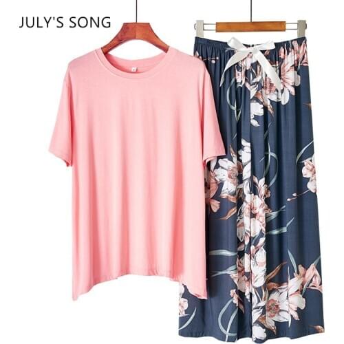 JULYS SONG New Modal Pajamas Set 2 Pieces Women Viscose Simple Floral Printing Short sleeve Trousers Summer Autumn Sleepwear