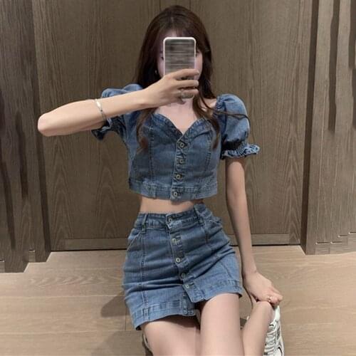 Women Sexy Cowboy Two Piece Sets Puff Sleeve Ruffle Blouse And Bodycon Denim Skirt Suit High Street Sweet Young Girl 2021 Summer