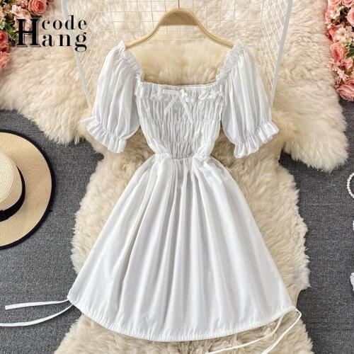HangCode Korean Fashion Bow White Black Women Dress Summer Party Birthday Cute Sexy Transparent French Romantic Chiffon Dress