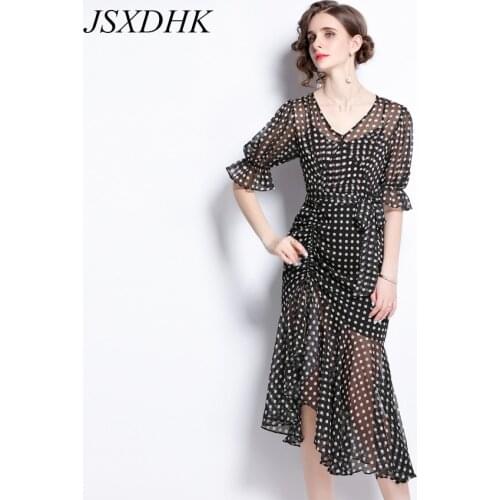 JSXDHK 2021 Summer Female Polka Dot Chiffon Dresses Fashion Women V Neck Ruflles Flare Short Sleeve Bodycon Irregular Midi Dress