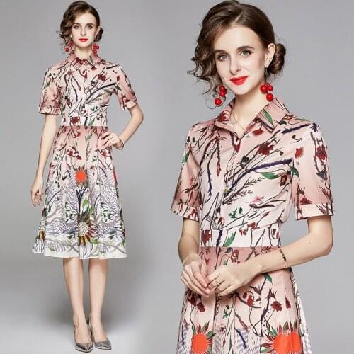 2020 New Summer Dress Women Elegant Fashion England Style Vintage Floral Printed A-Line Dress High Waist Slim Button Shirt Dress