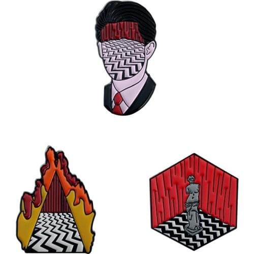 Movie Twin Peaks Black And White Stripes Character Mountain Cube Enamel Metal Brooches Lapel Pins Badges For Women/Men Friends