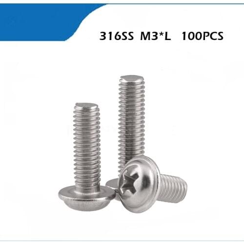 Free shipping M3*8/10/12/16/20/25mm 316Stainless Steel Round Pan Cross Phillips Head With Washer Pad Computer Screw Bolt