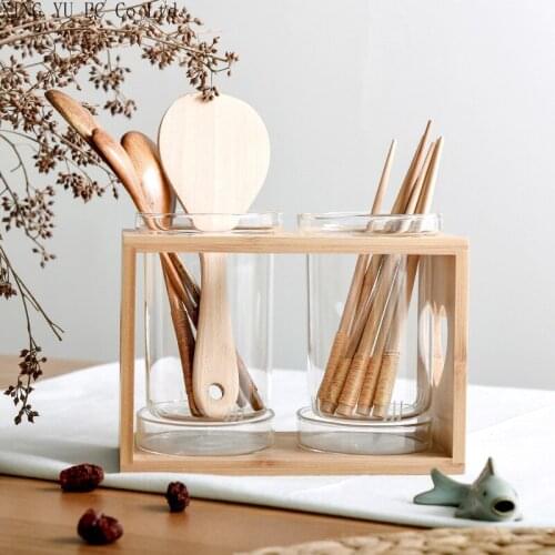 Household Glass Chopstick Holder Simple Japanese Drain Chopstick Holder Creative Kitchen Bamboo and Wood Chopstick Holder