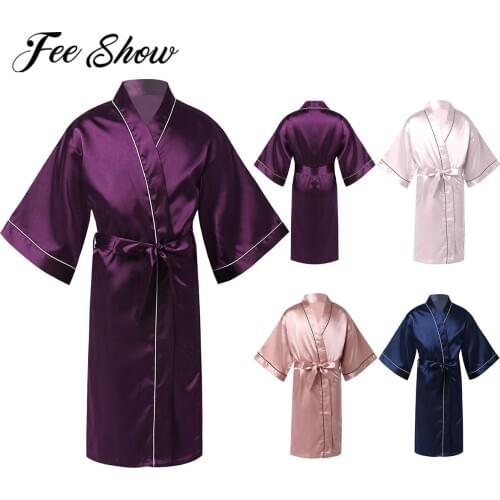 Kids Sleepwear Girls Kimono Robe Nightgown Solid Color Long Sleeve Faux Silk Bathrobe Nightwear Children Nightdress Boys Pajamas