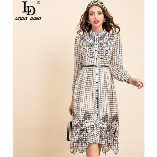LD LINDA DELLA 2021 Summer New Fashion Plaid Floral Embroidered Midi Dress Women Long sleeve Sashes Loose Vintage Holiday Dress