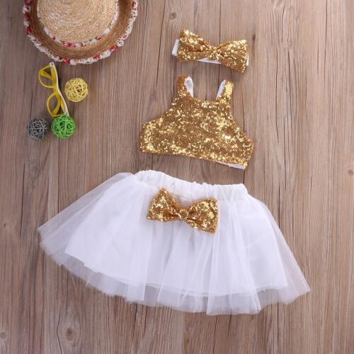 Summer Fashion 3pcs Girl Clothes Princess Baby Girl Sequins Tops+Tutu Outfits Party Dress Sundress