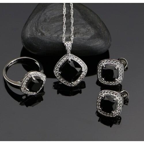 925 Sterling Silver Black Cubic Zirconia White Zircon Jewelry Set For Women Wedding Earring Rings Pendant Necklace Set