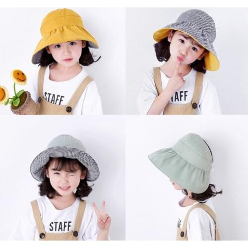 New Kids Panama Hat Summer Outdoor Bucket Hats Children Plaid Cap Kids Beach Caps Lovely Foldable Wide Brim Girls Boy Sun Hat