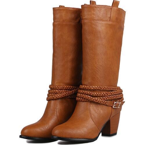 Original Intention Elegant Women Mid Calf Boots Round Toe Square Heels Boots Black Red Grey Brown Shoes Woman Big Size 3-15