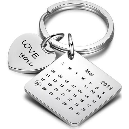 Personalized Calendar Keychain Hand Carved Calendar Highlighted with Heart Date Custom Stainless Steel Keychain(AS101848)