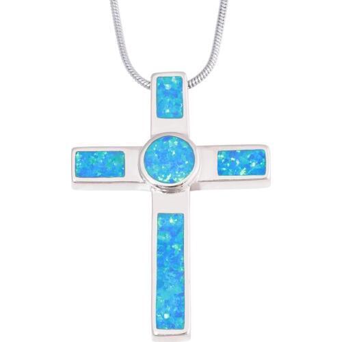 CiNily Created Blue Fire Opal Silver Plated Cross Wholesalel Hot Sell Fashion Women Jewelry Pendant and Necklace 1 1/2'' OD7034