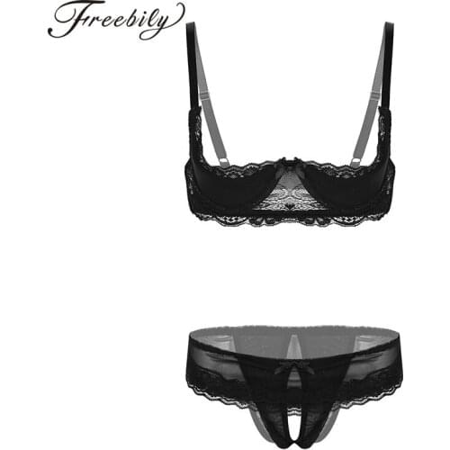 Sexy Erotic Open Bra Crotchless String Women Lingerie Set Transparent Sissy Unlined Lace Shelf Bra Open Crotch Women Panties