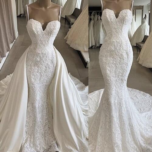 Two Pieces Removable Skirt Wedding Dresses Appliques Lace Mermaid Bridal Gowns Spaghetti Straps Detachable Trail Robe de Mariee