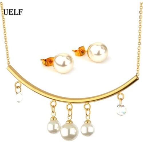 UELF Imitation Pearl Jewelry Set Simulated Pearl Double Layer Tassel Women Earrings Necklace Earrings Set for Wedding