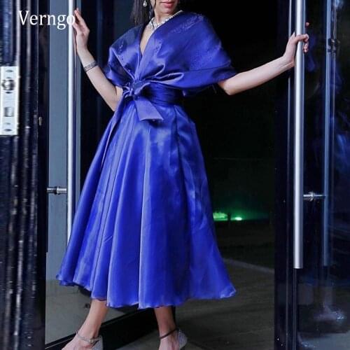 Verngo Simple Royal Blue Silk Satin A Line Evening Party Dresses Short Wraps Sleeves V Neck Bow Sash Tea Length Red Prom Gowns