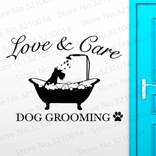 Vinyl Wall Decal Dog Grooming Love And Care Signboard Logo Pet In Bath Stickers Shop Wall Art Decals Wallpaper PW168