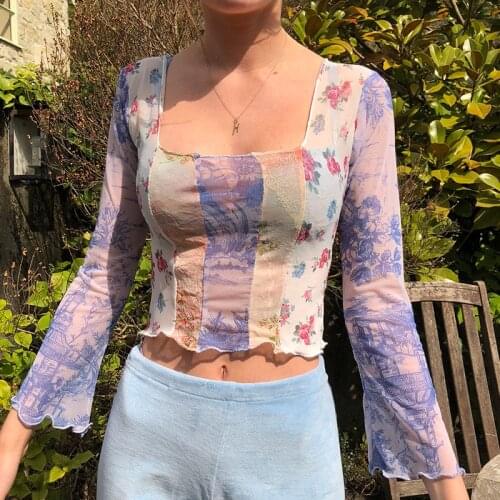 Vintage Floral Print Sexy Mesh T-shirt Women Autumn Transparent Flare Sleeve Cropped Top Grunge Y2K Aesthetic Female Tees
