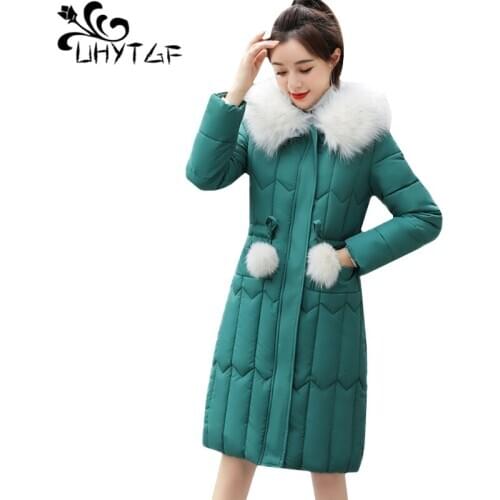 UHYTGF Women winter parka cotton coat fashion fur collar casual warm jacket hooded down jacket cold-proof 5XL plus size coat1038
