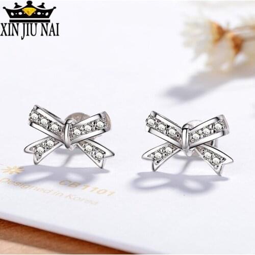 100% S925 Sterling Silver Bow Ear Studs Earrings For Women Lovely Cute Cubic Zirconia Aretes Romantic Trinket Fine Jewelry