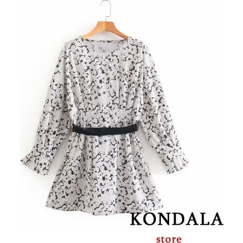 KONDALA 2021 Women Dress Za White Party Fashion Belted Digital Print Pleated Dress Elastic Dress Chic Mujer Vestidos