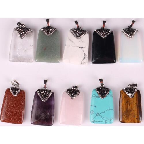 10pcs/lot High Quality Rose Quart Real Natural Stone Rhinestone Trapezium Geometric Pendants Charms For DIY Making Free Shipping