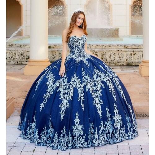 2021 Sweetheart Blue Ball Gown Quinceanera Dresses With Appliqued Beads Lace Up Prom Dress Floor Length Vestido De Festa Sweet 1