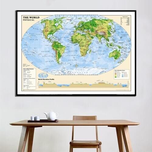 A2 Size The World Physical Map 2010 Edition HD Printed Unframed Wall Map Fine Canvas Painting For Living Room Decor