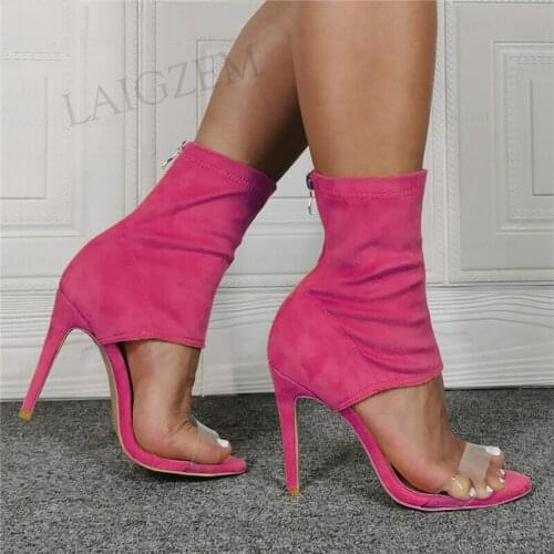 BERZIMER Women Ankle Boots Peep Toe Stiletto High Heels Booties Back Zip Faux Suede Ladies Shoes Woman Large Size 42 46 47 52