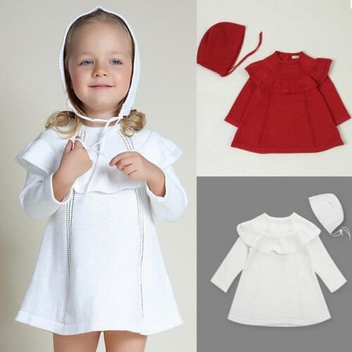 Children Hooded Dress Suit Christmas Sweater Princess Dress Baby Girls White Red Knit Clothes Kawaii Dress Infant Girl Dress