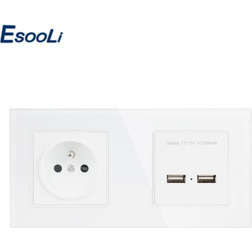 Esooli 16A Double French Standard Electric Socket Export Crystal Glass Panel Power Dual USB Charger Port for Mobile